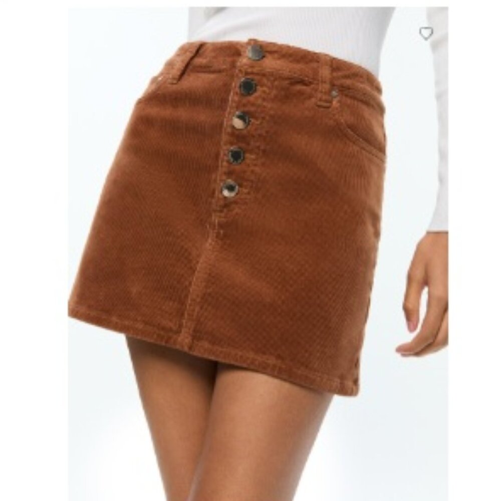 Alice + Olivia Joss High Rise Button Front Corduroy Skirt, Camel Brown | Size 27